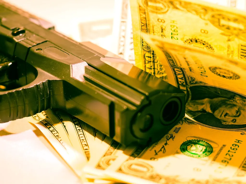 A gun sitting on top of money.